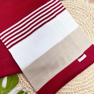 Manta de Linha Listrada - Vermelho, Branco e Areia